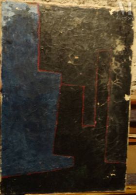 tableau représentant une peinture noire et bleue ornée de lignes rouges