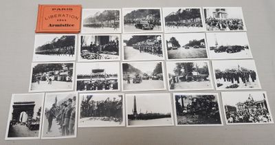 several old black and white photographs of people and vehicles on a table