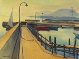a painting of a pier with boats in the water