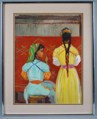 painting of two women in traditional clothing sitting in front of a red wall