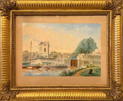 an image of a painting of a boat in a body of water with a castle in the background