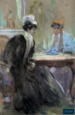 une image représentant un tableau où l'on voit une femme assise à une table devant un miroir