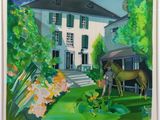 tableau représentant un cheval debout devant une maison blanche