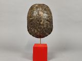 sculpture représentant une tortue posée sur un socle rouge, sur fond blanc