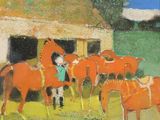 painting of a group of horses in a field with a barn in the background
