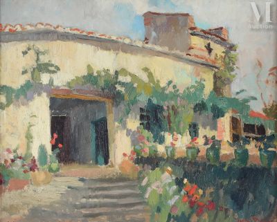 une peinture à l'huile représentant une maison avec un jardin devant elle