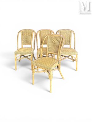four wicker chairs and a coffee table on a white background