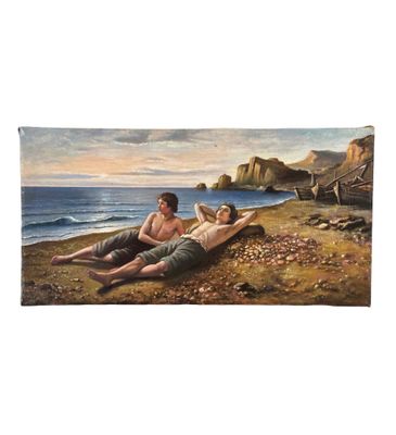 un tableau représentant deux personnes allongées sur la plage