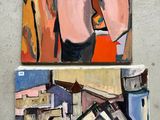 two paintings on a wall of a man with no shirt and no shirt
