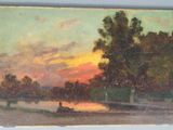 tableau représentant un coucher de soleil sur un lac, avec une personne assise sur un banc