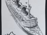 drawing of a large boat with people on it in a body of water