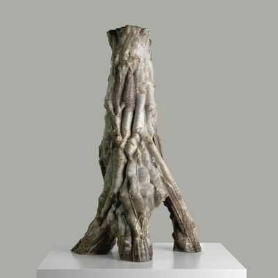 une image représentant une sculpture représentant un tronc d'arbre posée sur un socle blanc