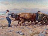 a painting of a man plowing a field with two horses