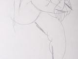 pencil drawing of a woman sitting on a chair with a hat on