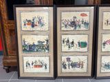 two framed pictures of people and a horse drawn carriage in a room