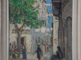 an image of a painting of a street scene with people walking down it