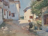 a painting of a man sitting on a bench in the middle of a street