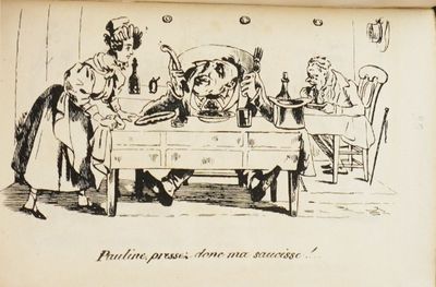 un dessin représentant un homme et une femme assis à une table