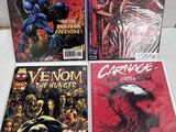 a group of comics on display on a table