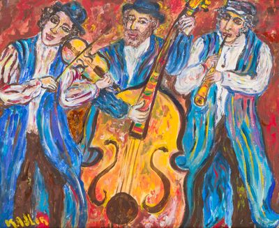 an oil painting of three men playing instruments in front of a red background