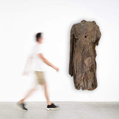 a man walking past a sculpture of an elephant on the wall