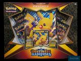 a close up of a box of pokemon cards with a picture of pikachu