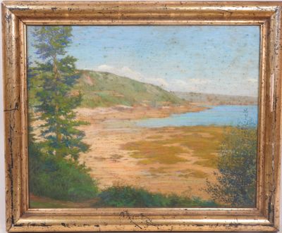 une peinture à l'huile représentant un paysage avec un lac au premier plan
