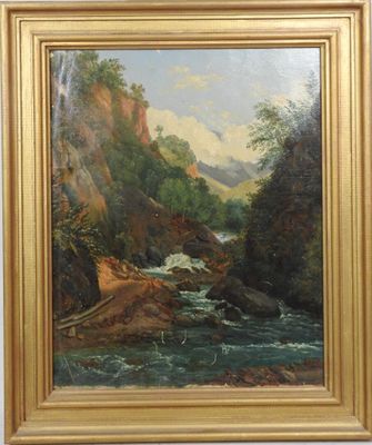 une peinture à l'huile représentant une rivière dans un paysage boisé, avec des rochers et des arbres