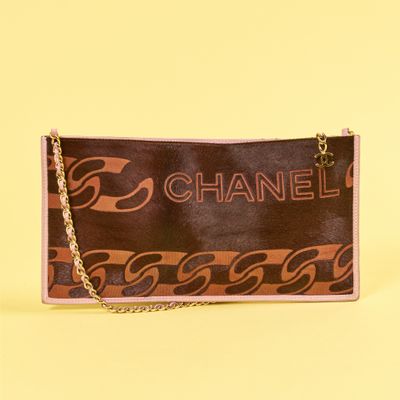 Pochette Chanel marron et rose avec bandoulière en chaîne