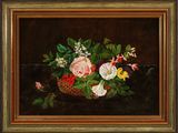 une peinture à l'huile représentant des fleurs dans un panier posé sur une table