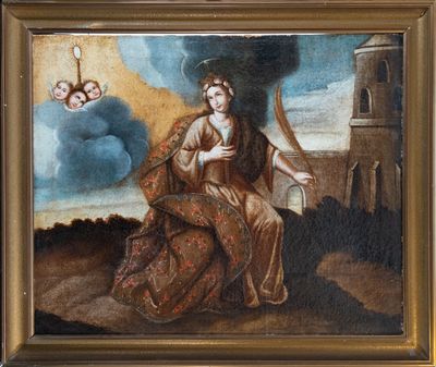 an oil painting of a woman sitting on a rock with a bird in the sky