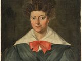 a painting of a woman in a blue dress with a red bow