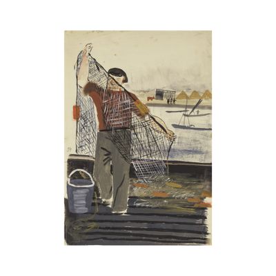 a painting of a man standing on a dock with a fishing net