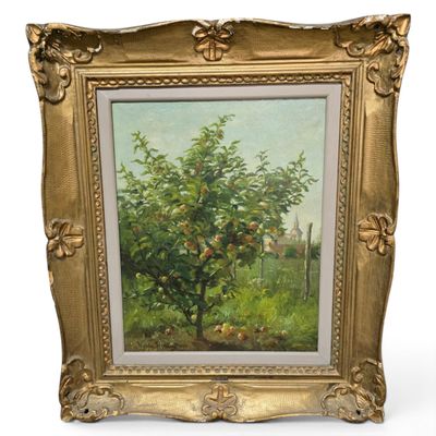 painting of an apple tree in a gold frame on a white background