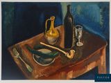 a painting of a bottle of wine and a plate of food on a table