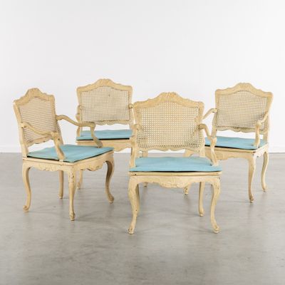 set of four french cane back chairs with blue cushions