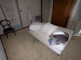an image of a bedroom with a bed and a chair