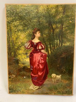 une peinture à l'huile représentant une femme en robe rouge et un chien