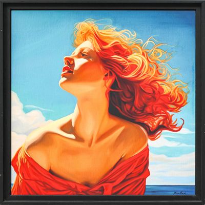 tableau représentant une femme en robe rouge levant les yeux vers le ciel