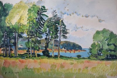 un tableau représentant un champ avec des arbres et un plan d'eau en arrière-plan