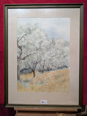 une photo d'un tableau représentant un arbre dans un champ