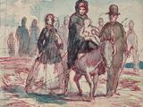 an image of a drawing of a man riding a horse with a woman on it