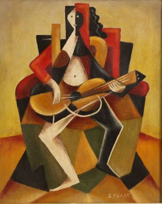 un tableau représentant un homme assis sur une chaise, une guitare à la main