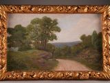 une peinture à l'huile représentant un chemin de terre avec des arbres au loin