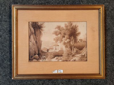 une photo d'un tableau représentant un paysage avec des arbres et des rochers