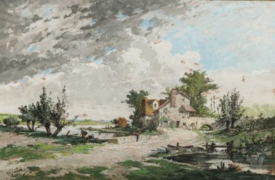 une peinture représentant une scène de ferme avec des vaches et une maison