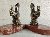 pair of antique brass rabbit bookends on marble bases