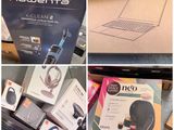 plusieurs photos différentes d'un ordinateur portable et d'un casque audio dans une boîte