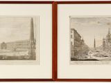 two framed pictures of a city street with a clock tower