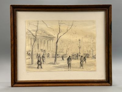 un vieux dessin représentant un groupe de personnes marchant dans une rue